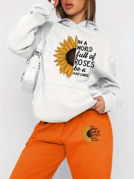 Autumn Winter New Arrival, Sunflower Creative Letter Print Hoodie Sweatshirt and Pants Two-Piece Set, Casual Style, with Pocket, for Women, Fall/Winter Collection, Graphic Design, Long Sleeve, Comfortable Fit, Perfect for Outdoor