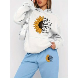 Autumn Winter New Arrival, Sunflower Creative Letter Print Hoodie Sweatshirt and Pants Two-Piece Set, Casual Style, with Pocket, for Women, Fall/Winter Collection, Graphic Design, Long Sleeve, Comfortable Fit, Perfect for Outdoor