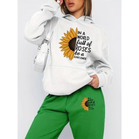 Autumn Winter New Arrival, Sunflower Creative Letter Print Hoodie Sweatshirt and Pants Two-Piece Set, Casual Style, with Pocket, for Women, Fall/Winter Collection, Graphic Design, Long Sleeve, Comfortable Fit, Perfect for Outdoor